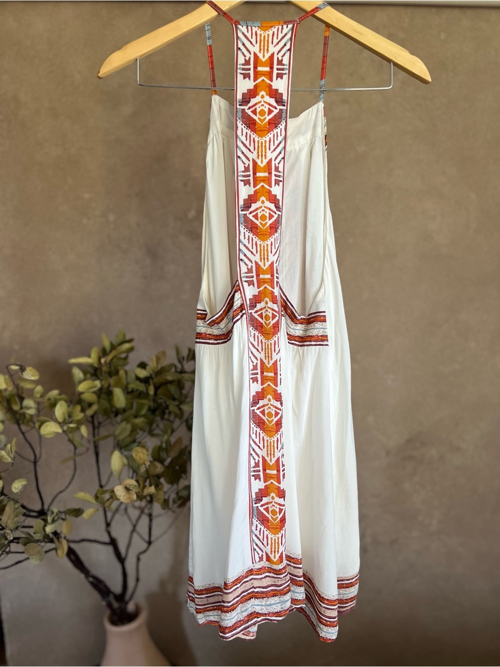 Boho White Mini Sun Dress with Orange and Turquoise Geometric Racerback Design - Picture 6 of 13
